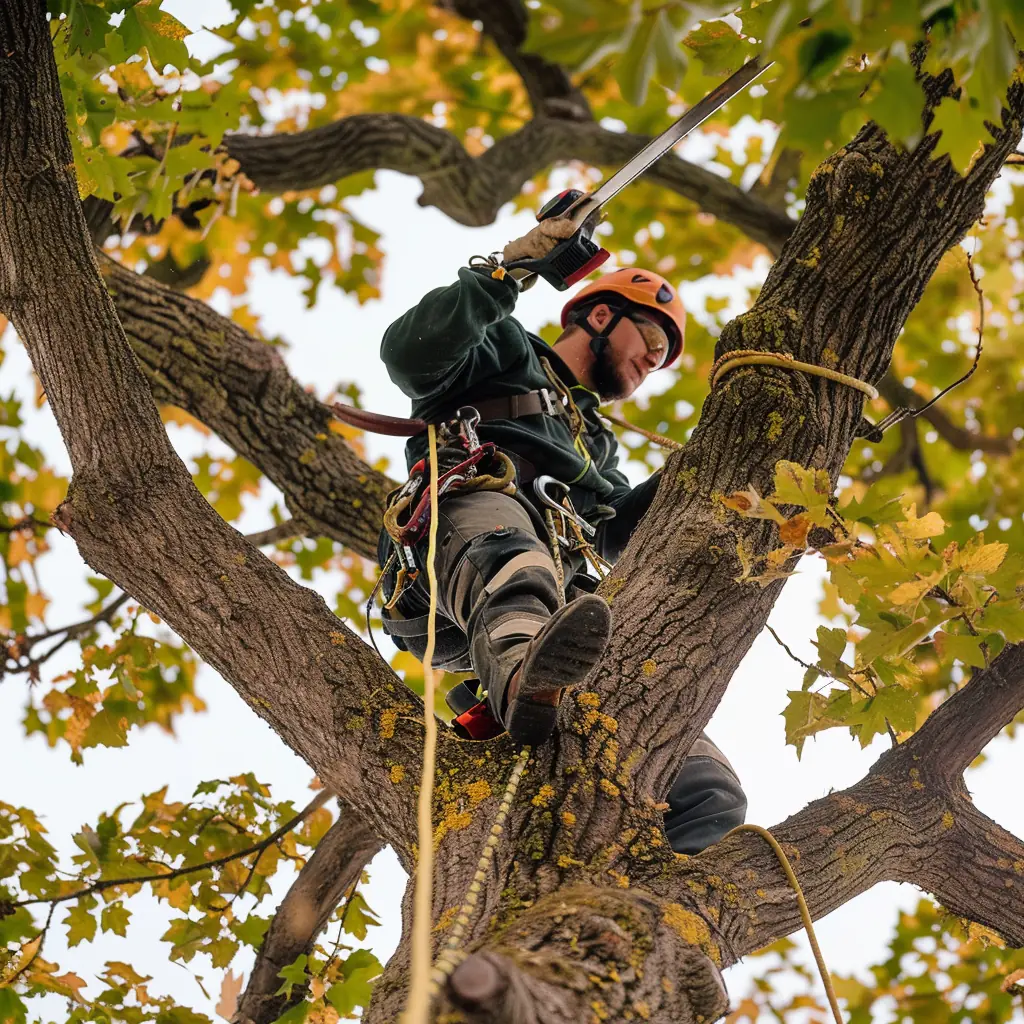 Arborist beskærer træ med klatreudstyr og håndsav under beskæring af træer i Aalborg